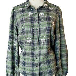 Anthropologie Pilcro Sequin Embroidered Flannel Plaid Holiday Top, green/blue Lg